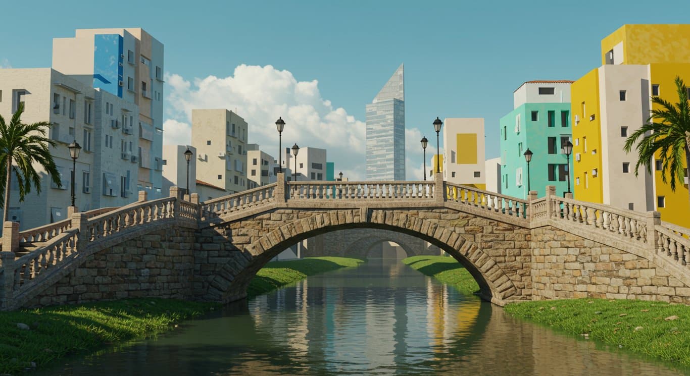 Stylized illustration of a stone bridge with Brazilian-inspired buildings, representing StoneCo's connection between traditional finance and modern innovation.