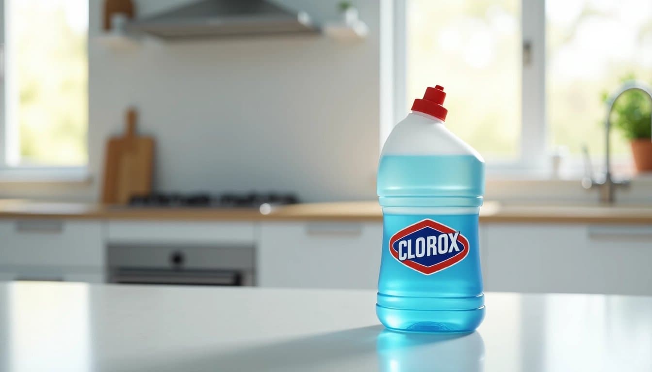 A bottle of Clorox bleach sits on a clean kitchen counter, symbolizing cleanliness and household products.