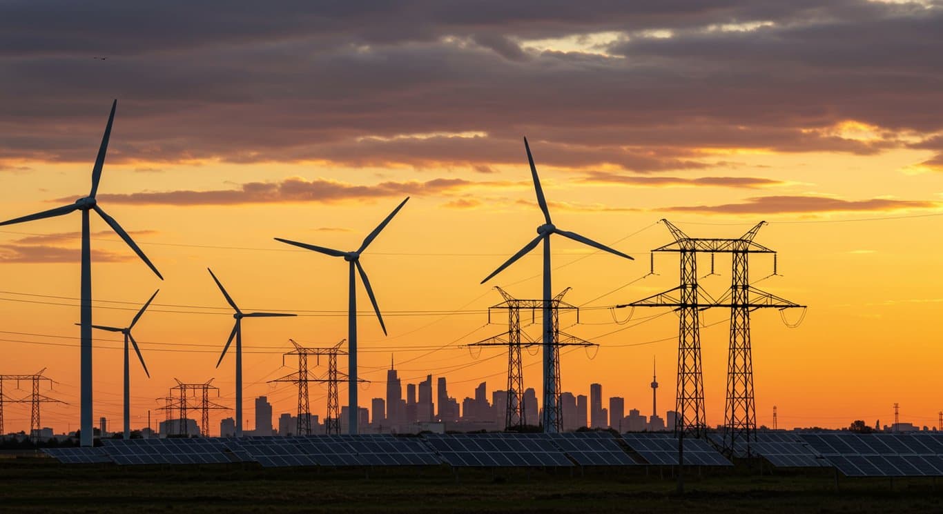 Modern electrical grid powered by renewable energy at sunset.