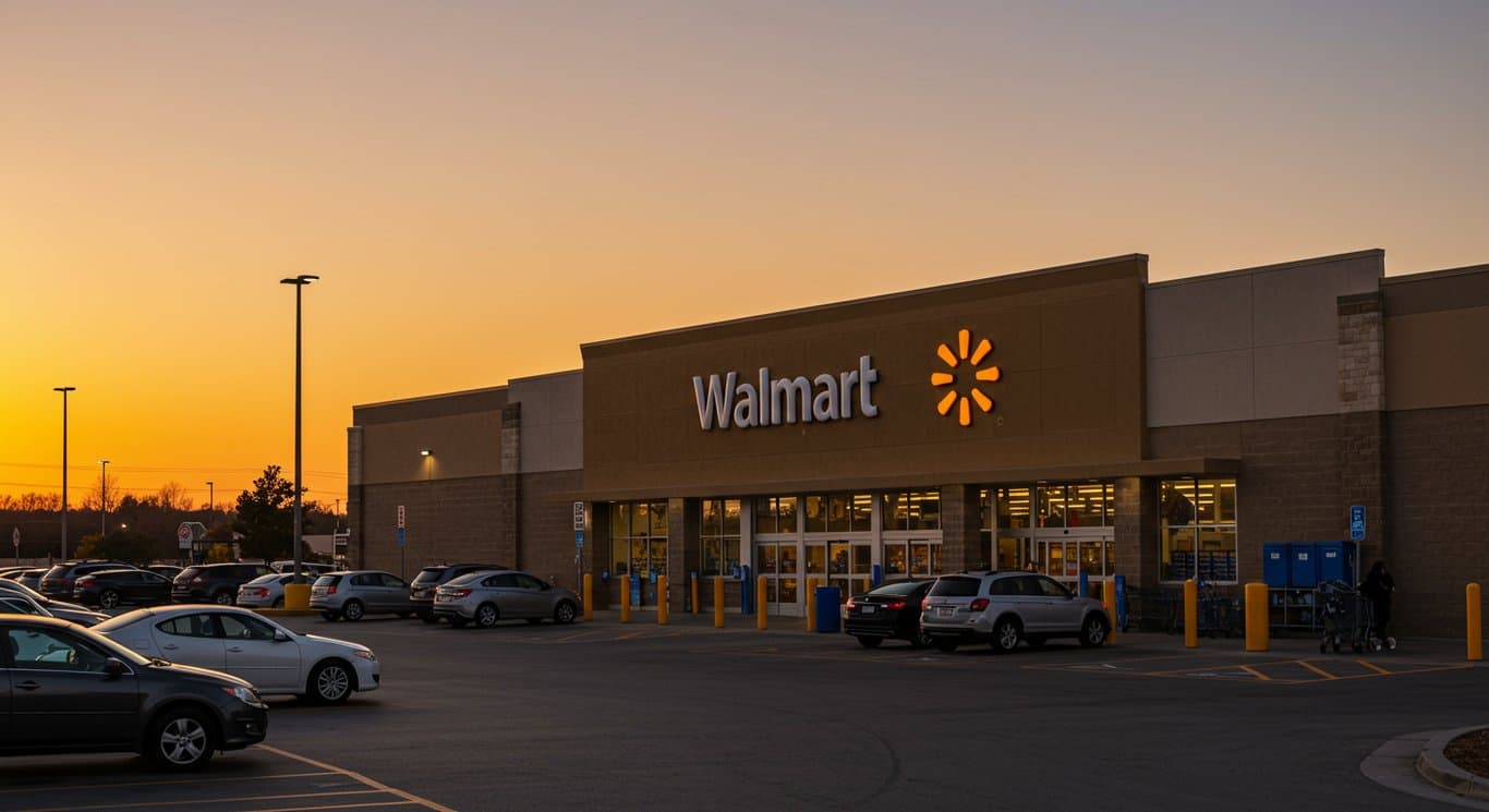 Walmart store exterior at sunset.