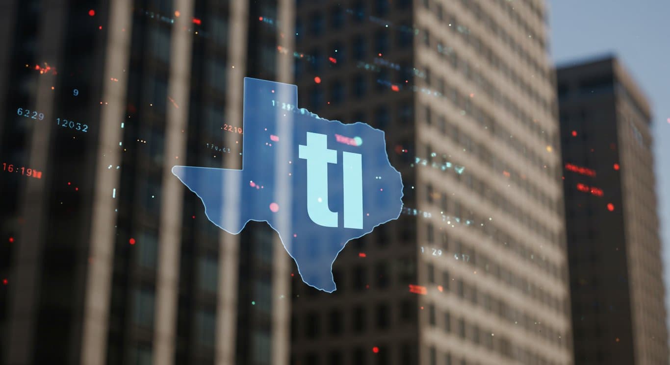 Texas Instruments (TI) logo against a financial district backdrop.