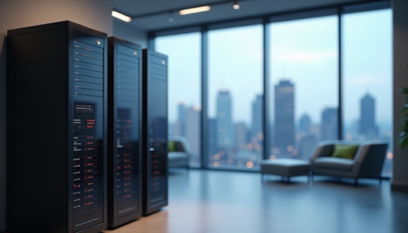 Computer server in a modern office, cityscape in background.