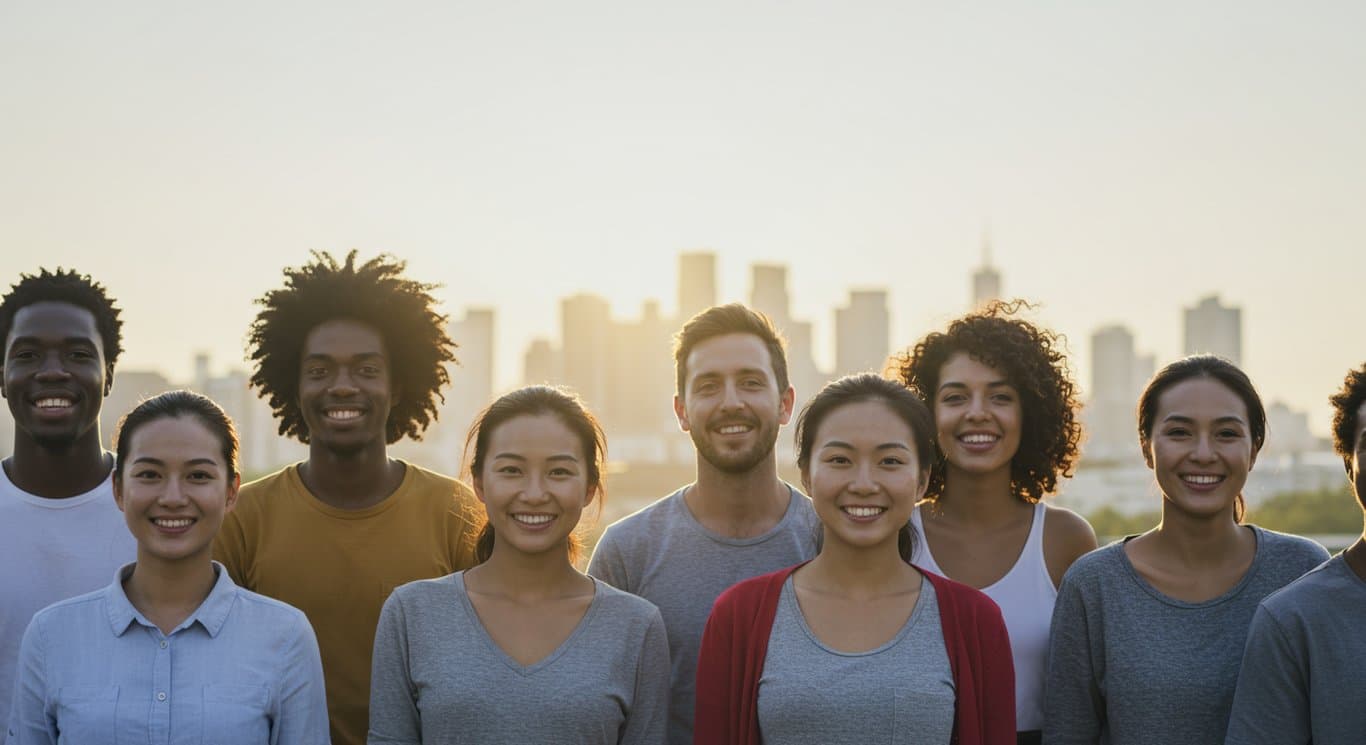 Diverse group of people smiling in front of a city skyline, representing progress in healthcare.