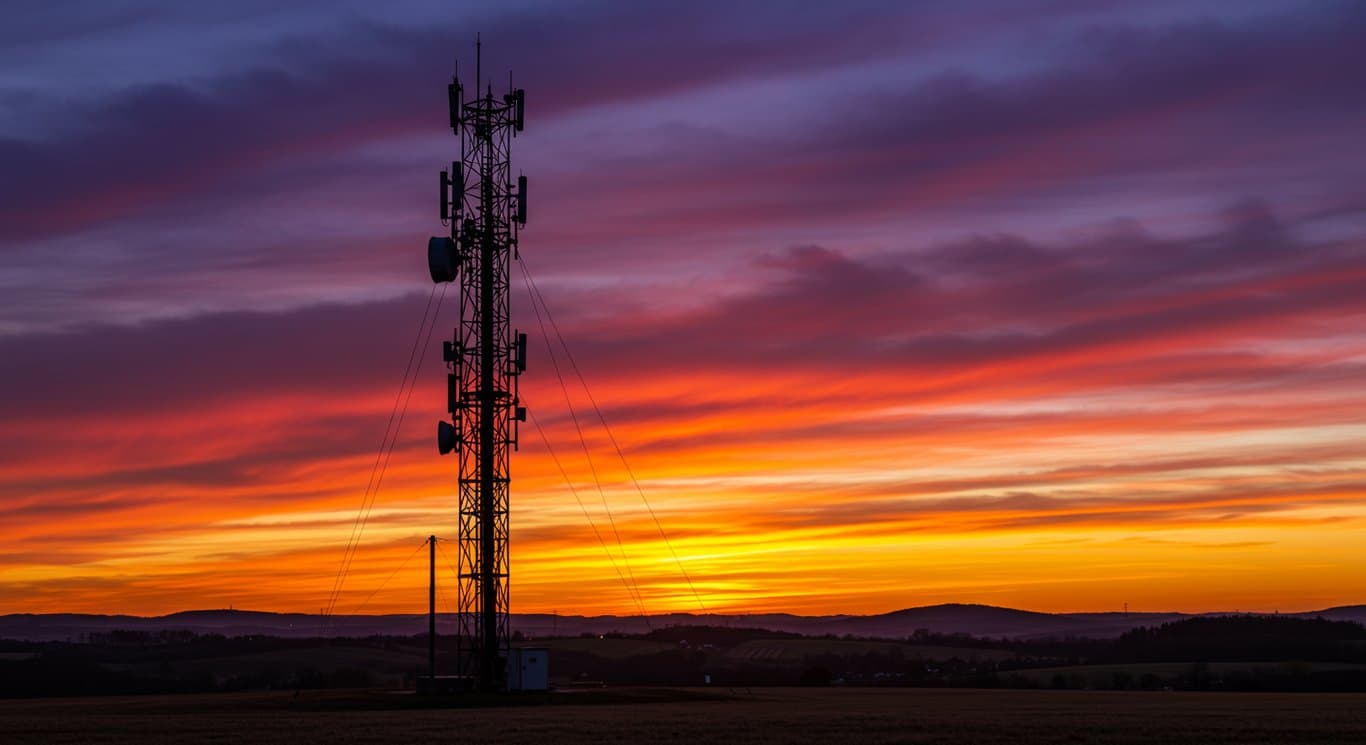 Cell tower silhouette at sunset.