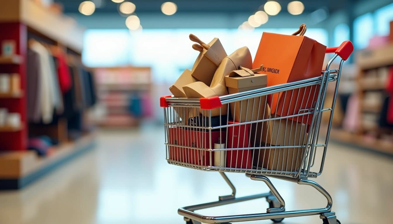 Shopping cart filled with discounted merchandise in a retail environment.