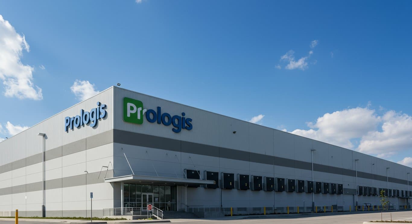 Prologis warehouse with company logo, set against a clear sky.