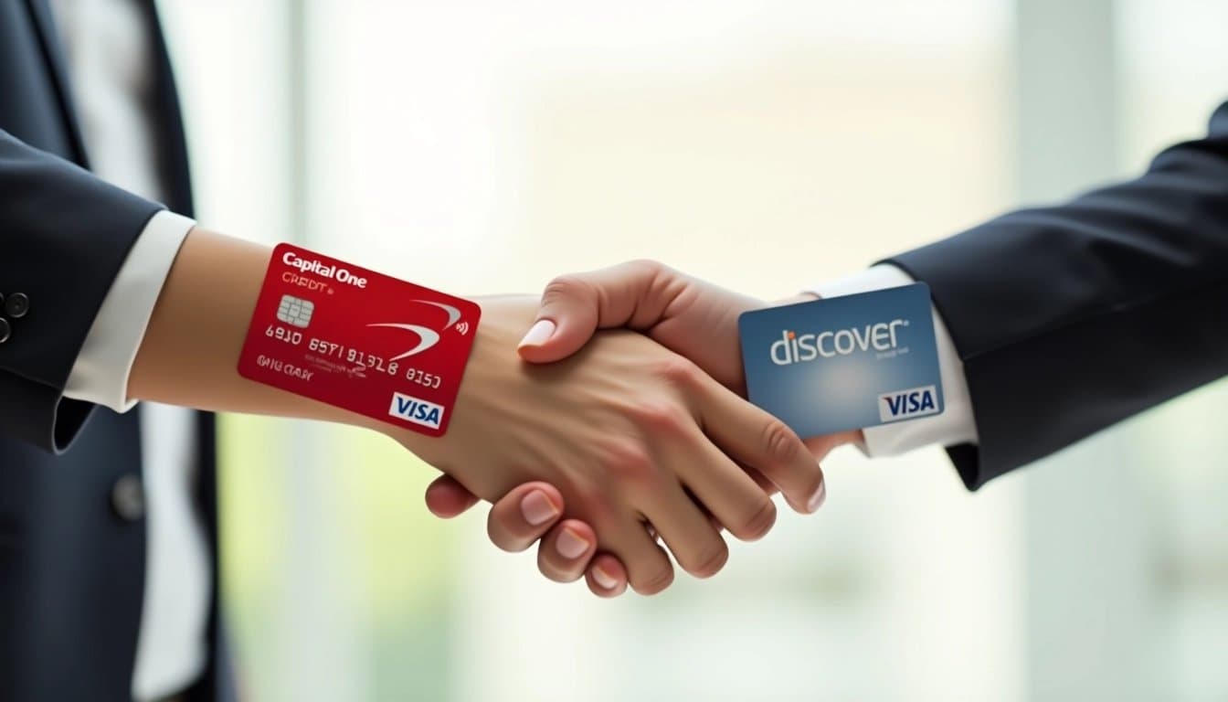 A handshake between two hands holding a Capital One and a Discover credit card, symbolizing the merger.