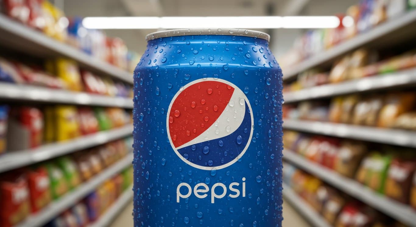 Photorealistic image of a Pepsi can on a supermarket shelf.