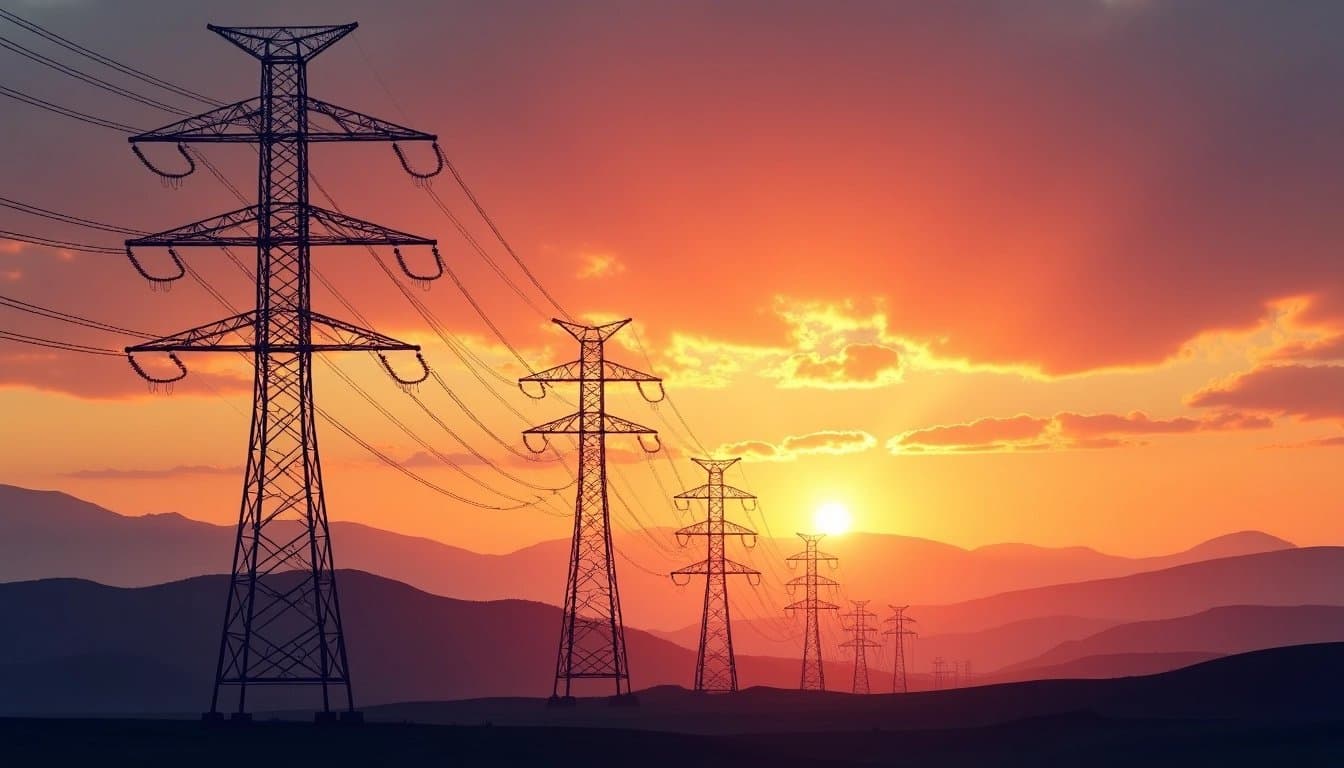 Electricity pylons against a sunrise, symbolizing energy delivery and the future of utilities.