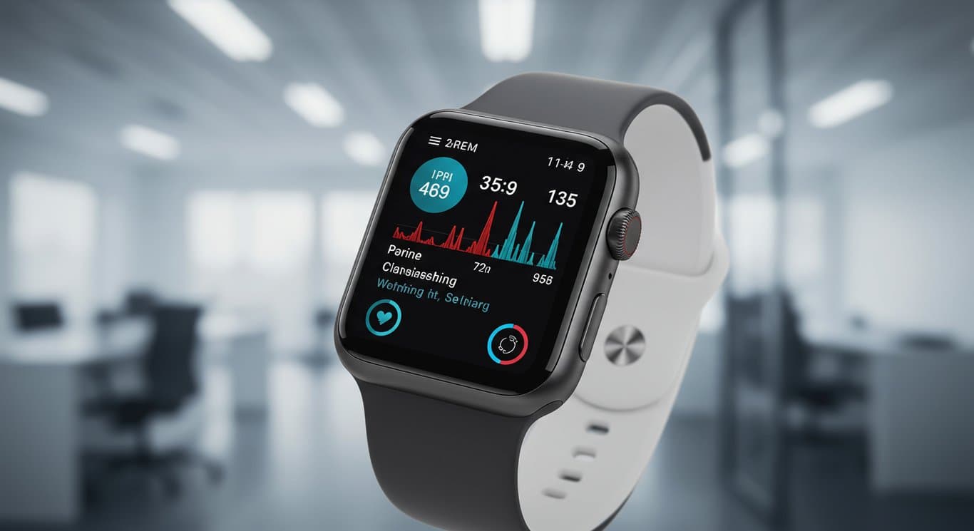 Apple Watch displaying health data in a modern office setting.