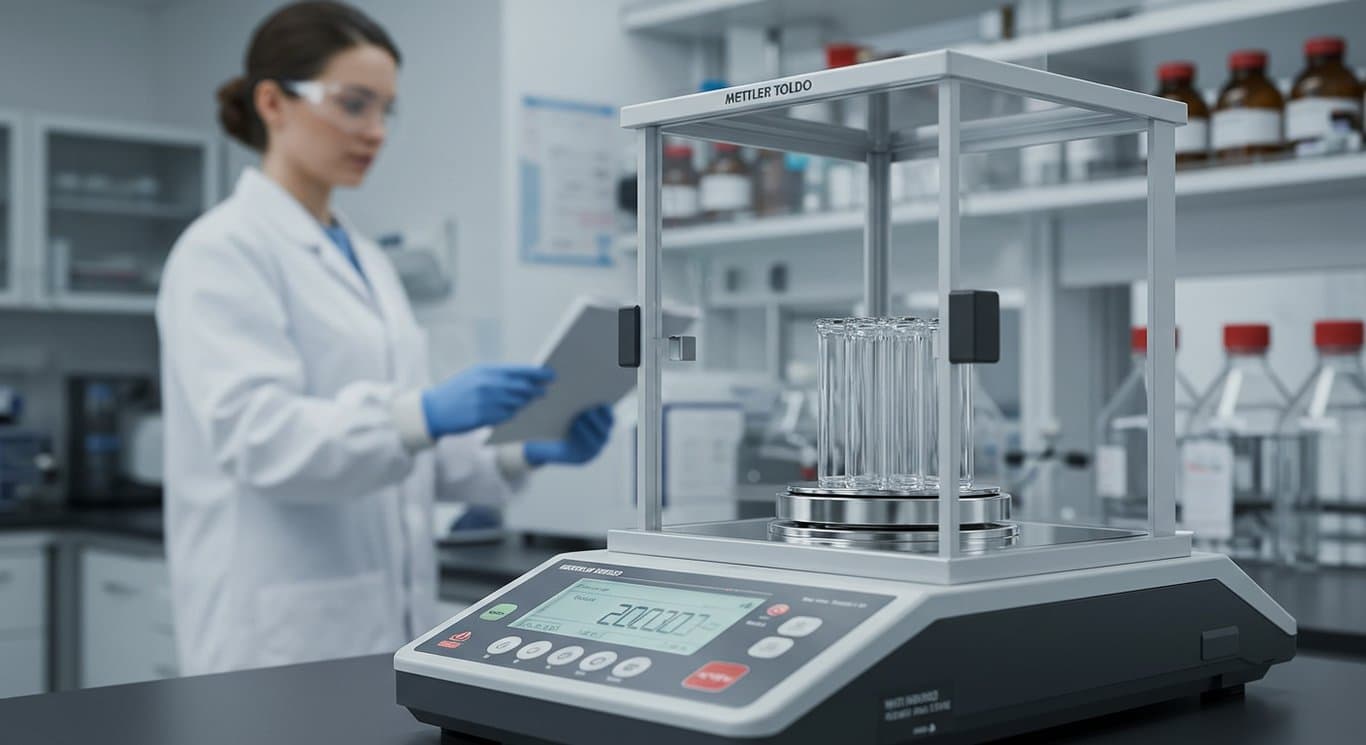 Close-up of Mettler Toledo balance in a modern lab setting.