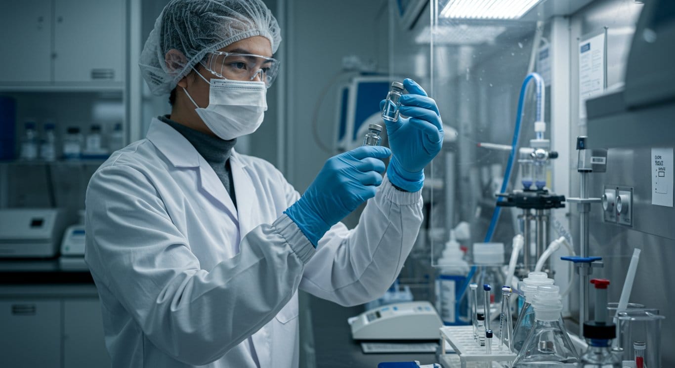 Scientist in lab holding vial, representing pharmaceutical research.