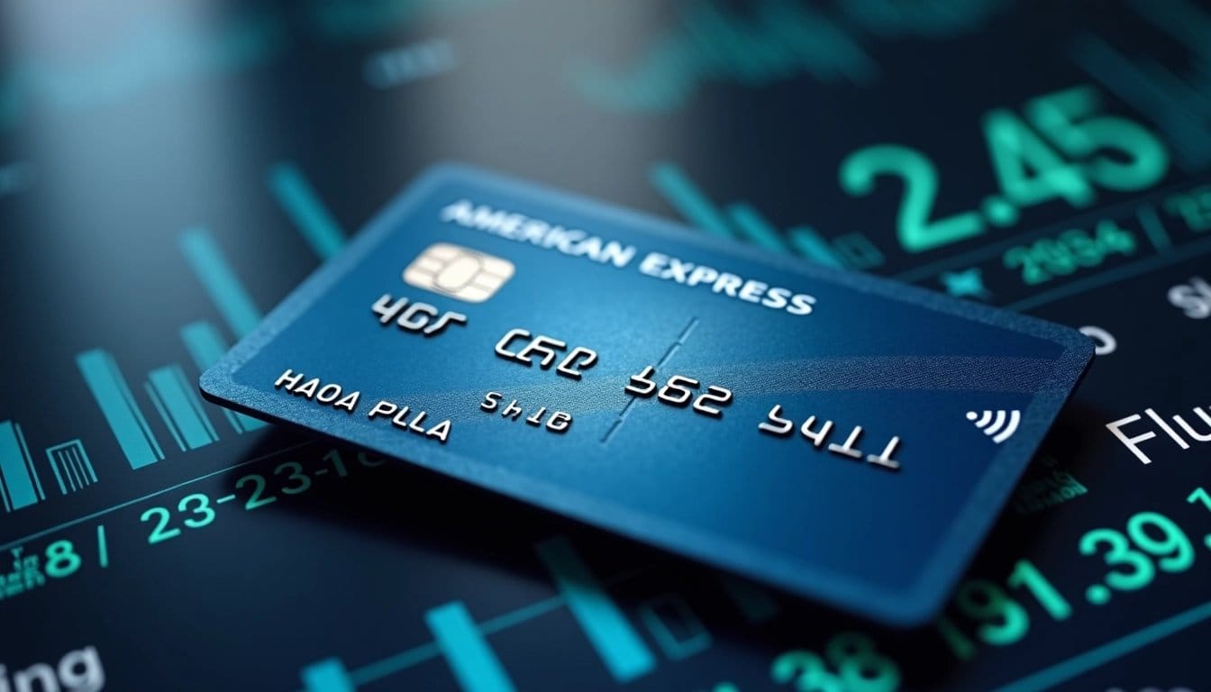 American Express card with a stock ticker background representing financial markets.