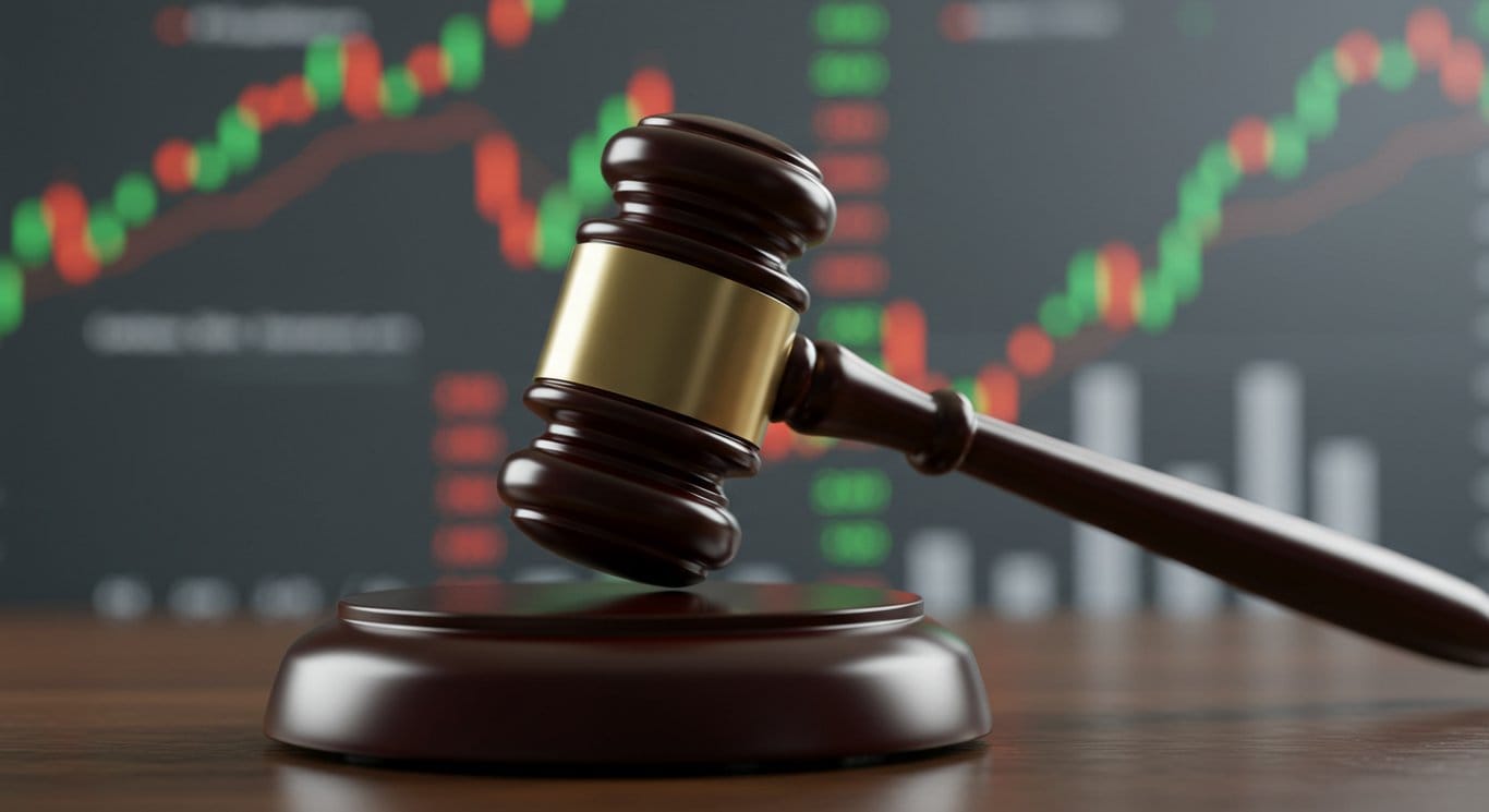 Gavel striking a block against a financial background, symbolizing legal action in the stock market.