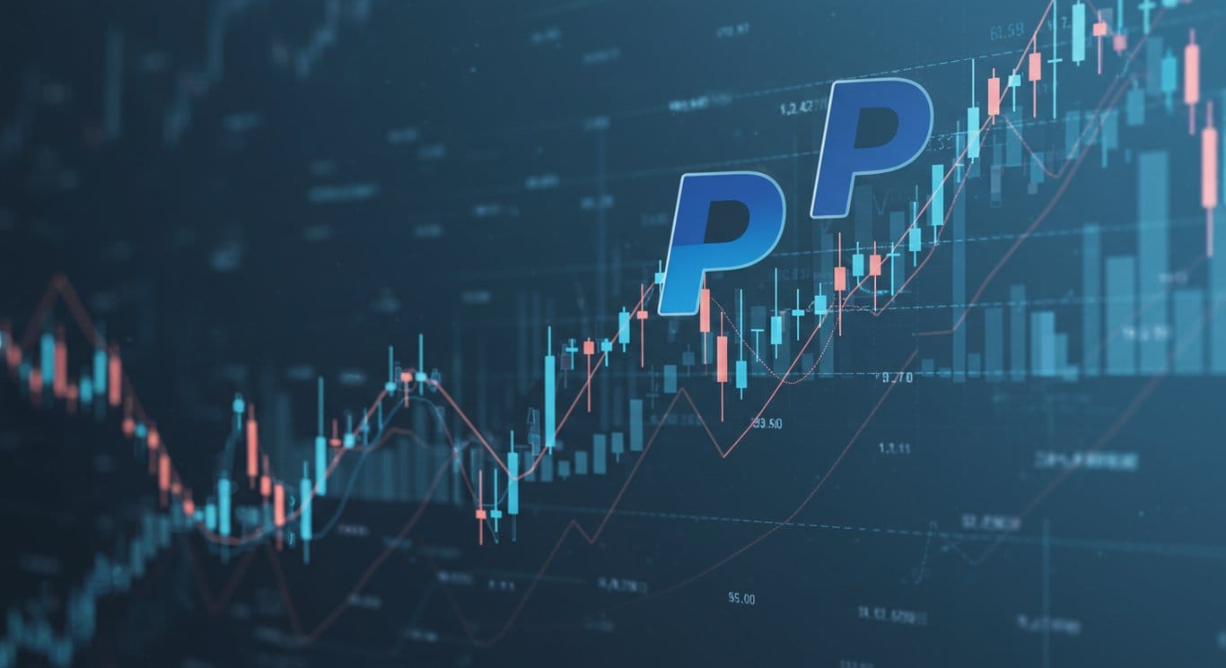 PayPal logo emerging from financial data streams, representing growth and transformation.