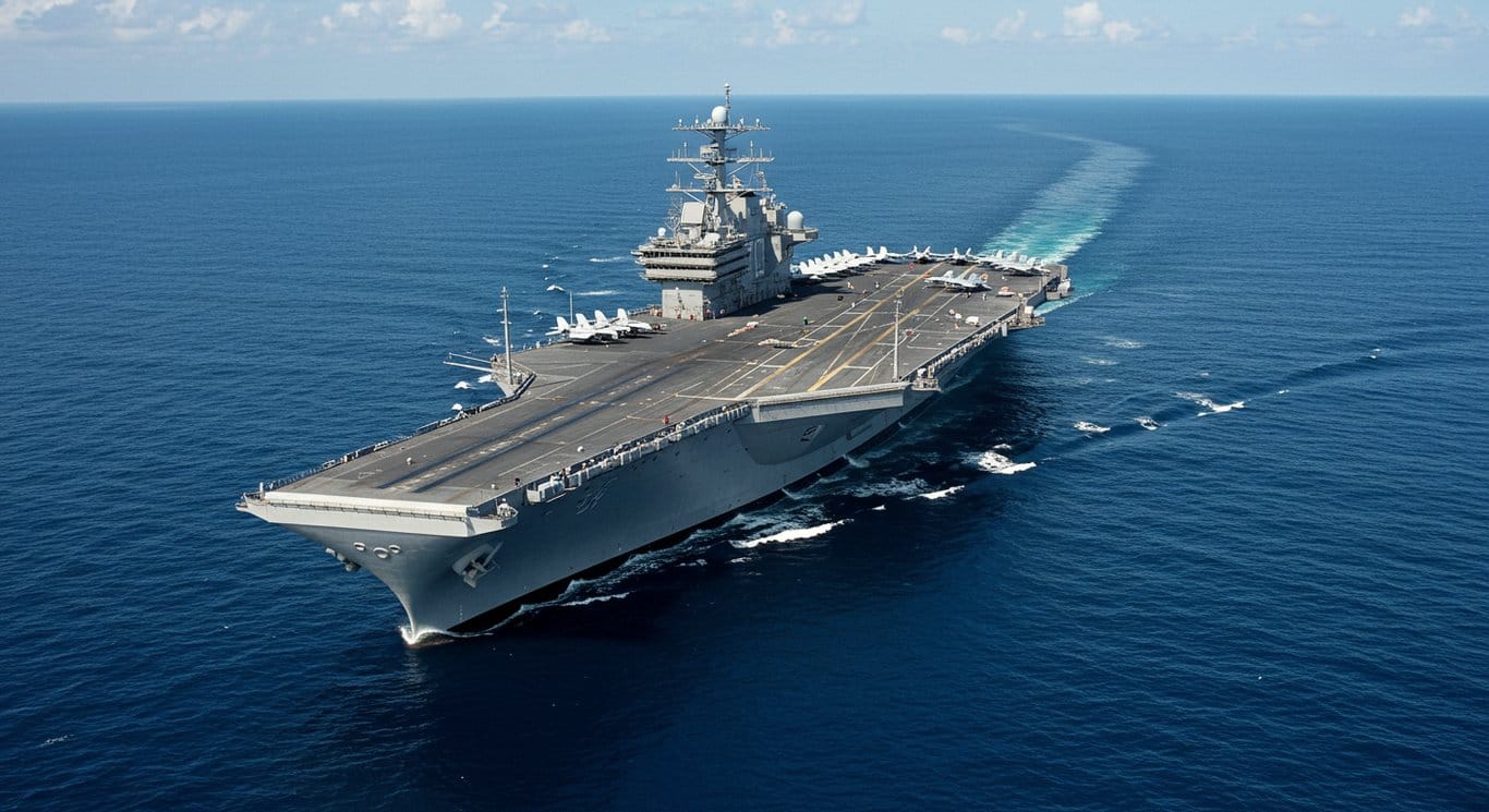 US Navy aircraft carrier sailing on a calm ocean.