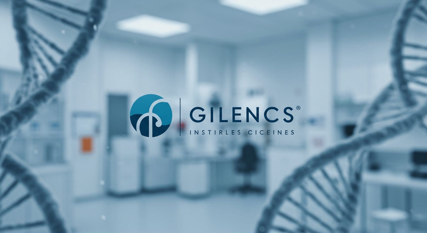 Gilead Sciences logo against a blurred lab backdrop, conveying innovation.