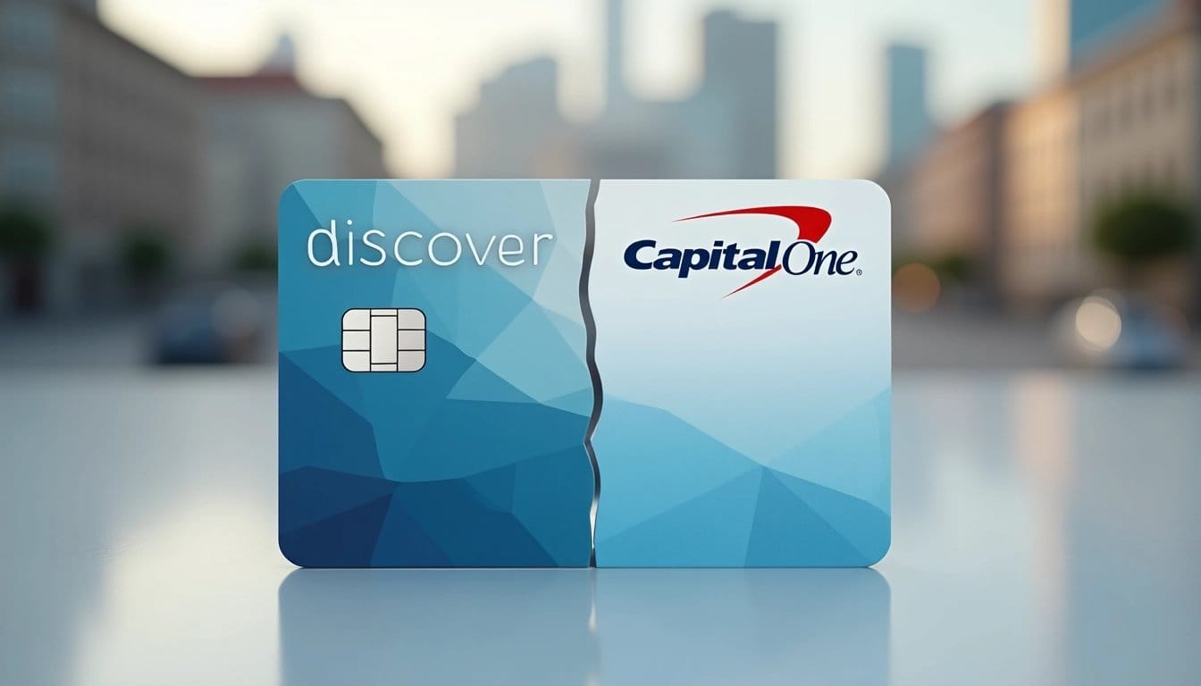 Image representing the merger of Capital One and Discover, showing the two brands symbolically joined as one credit card.