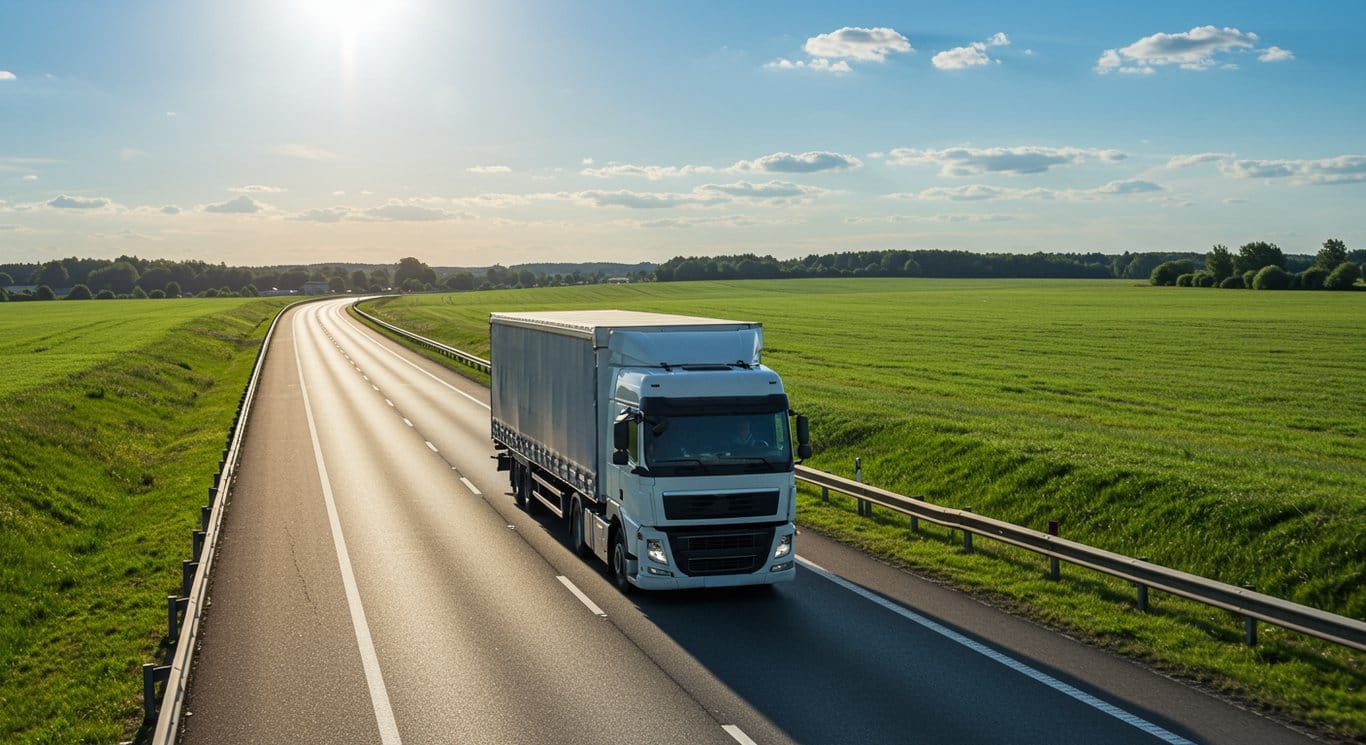 Freight truck on highway, sunny day.