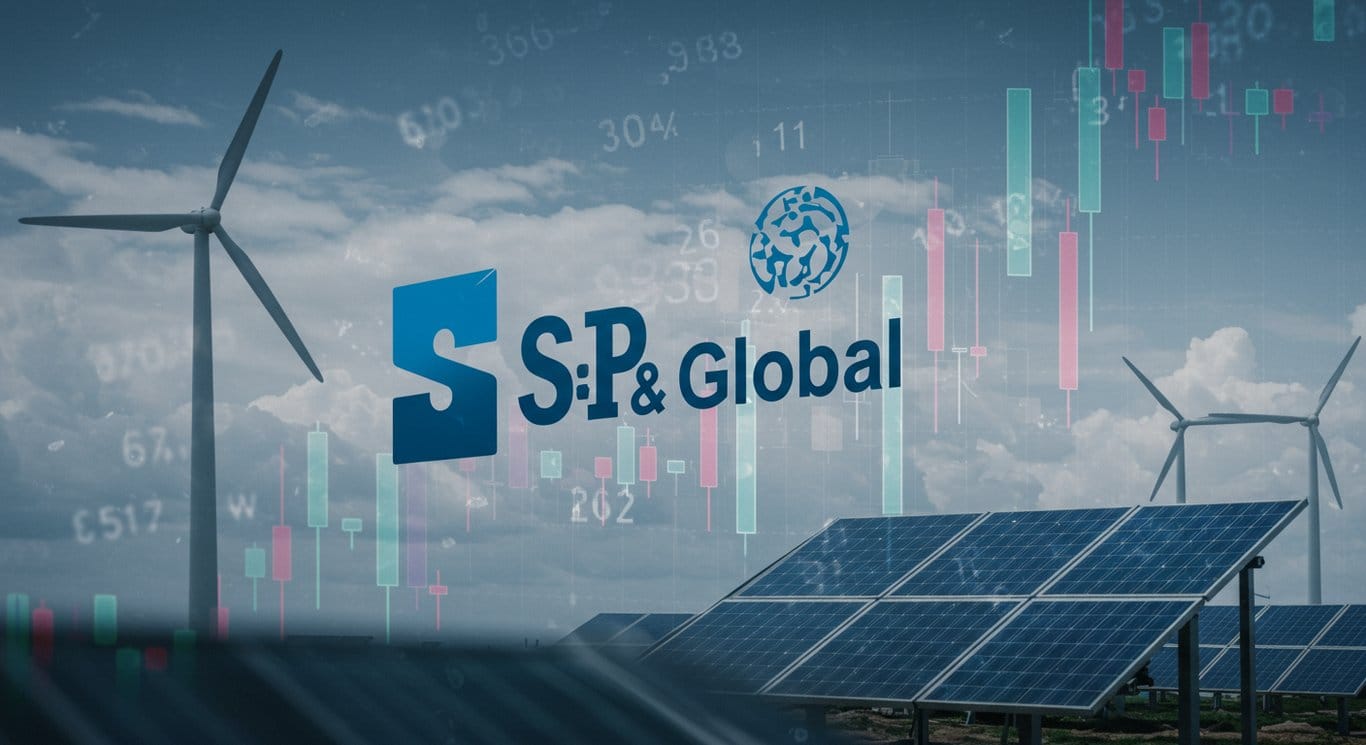 S\&P Global logo against a blended background of financial charts and sustainable energy elements.