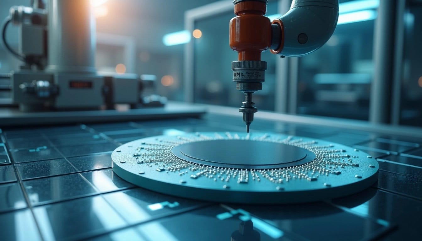 Robotic arm handling a silicon wafer in a clean, advanced semiconductor manufacturing facility.