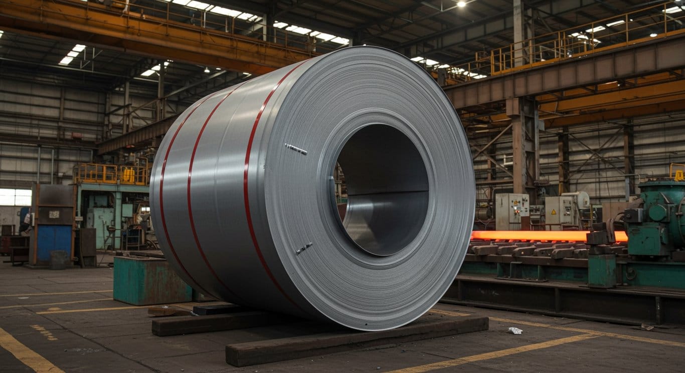 A freshly produced steel coil in a steel mill.