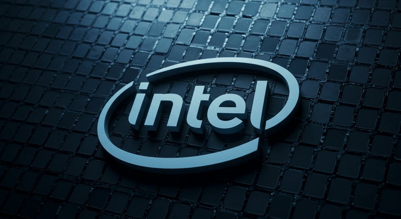 Intel logo over a semiconductor wafer backdrop.