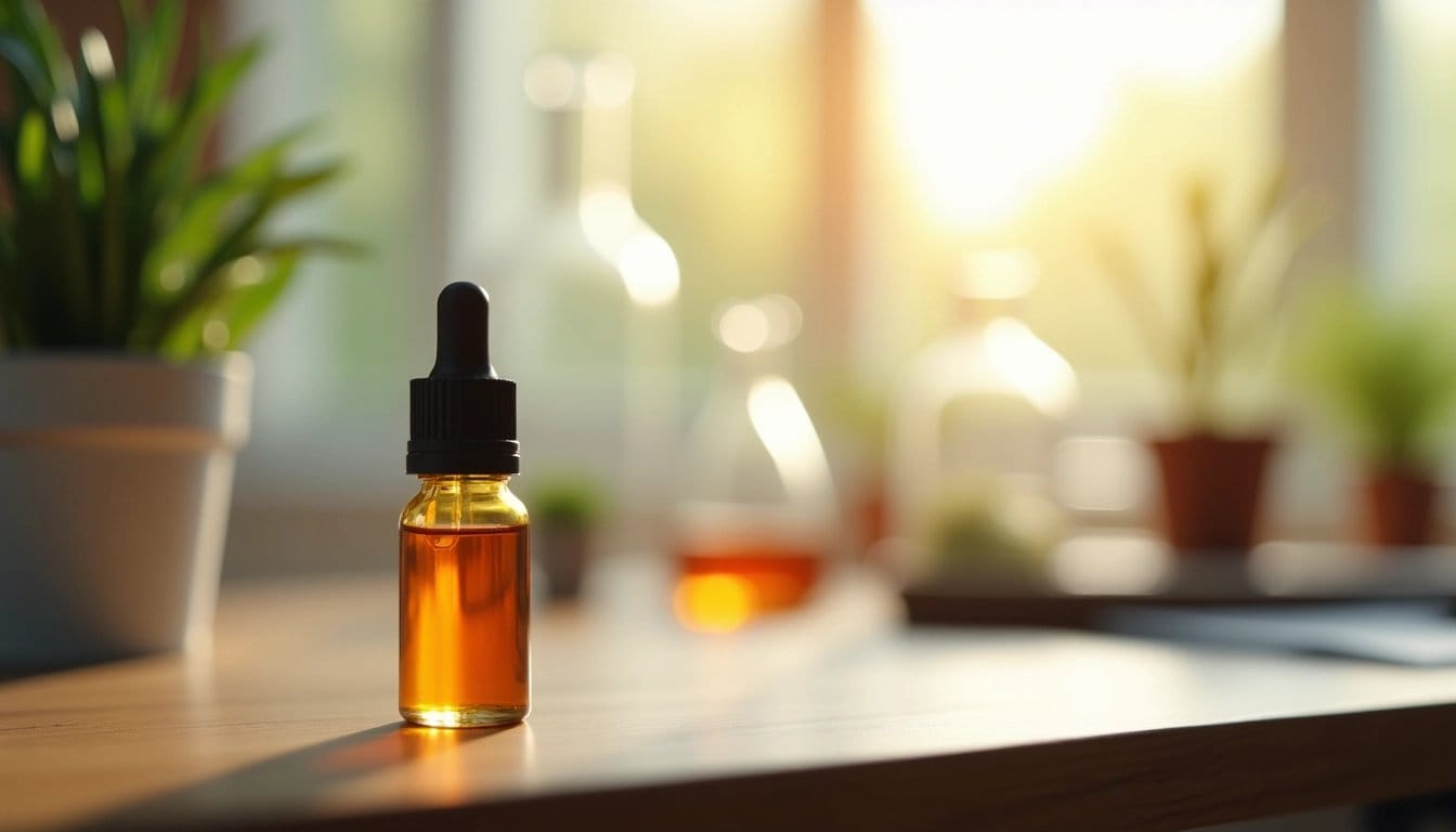 Flavor essence vial on a wooden table in a sunlit laboratory.