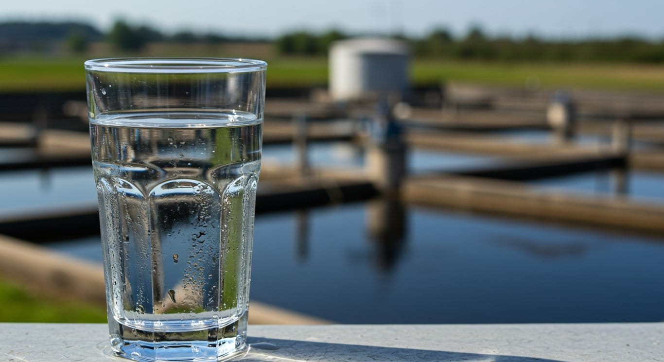 Clear glass of water with a water treatment plant in the background.