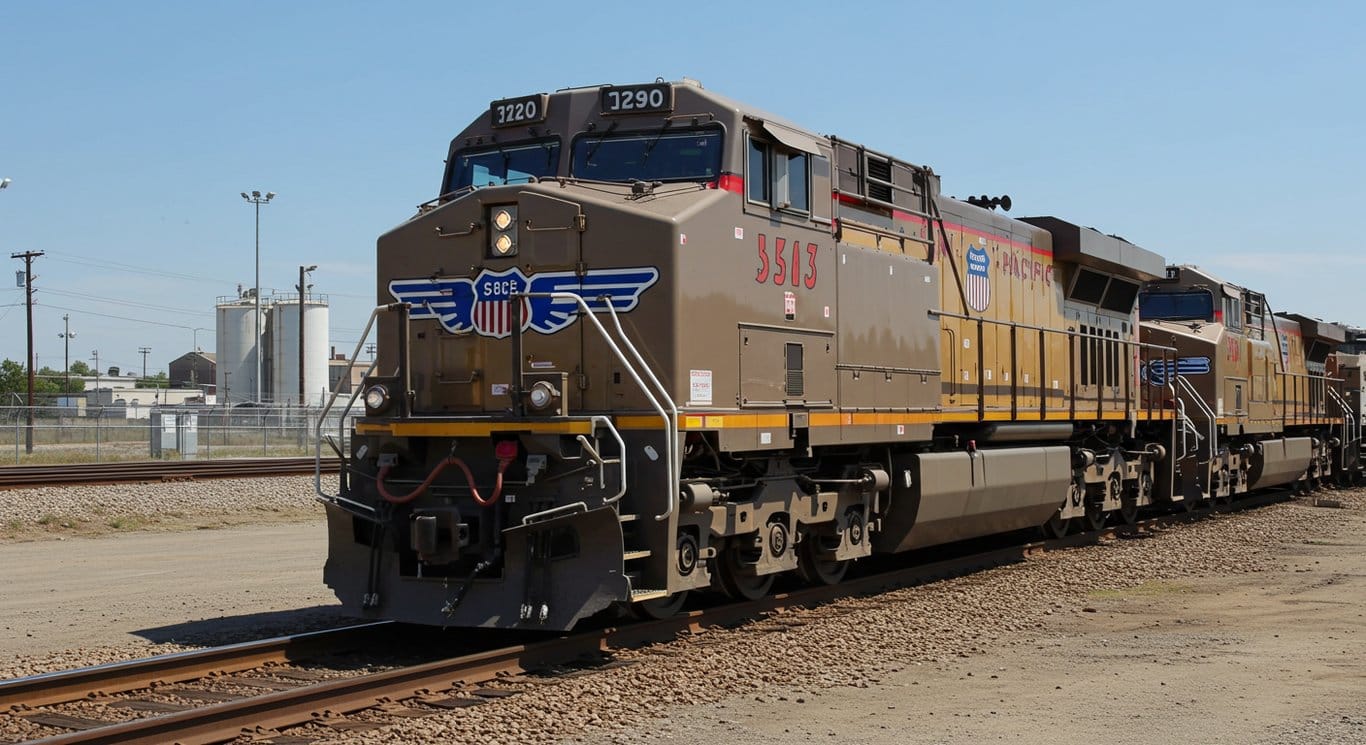 Union Pacific locomotive with Abraham Lincoln design against a rail yard backdrop.