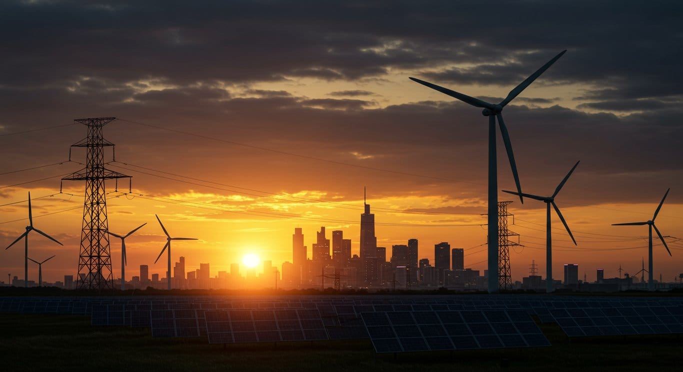 A power grid at sunset featuring wind turbines, solar panels, and a city skyline with data centers, representing a balance between renewable energy and technological advancement.