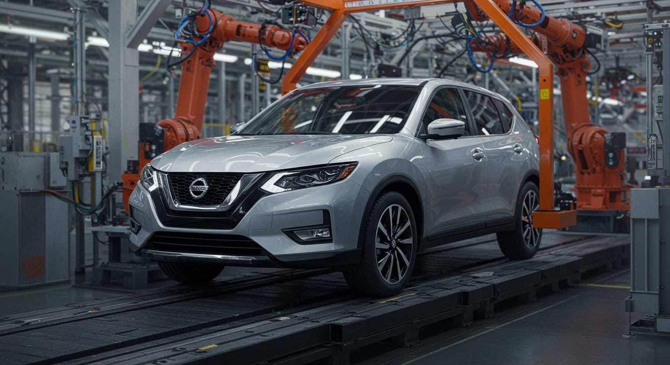 Nissan car on an assembly line, minimalist style.