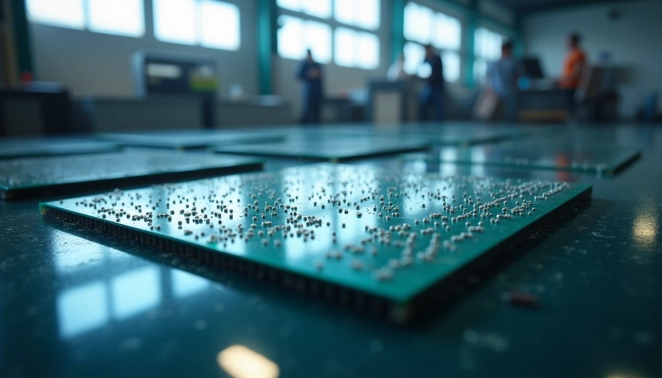 Close-up of a silicon wafer reflecting light, symbolizing the semiconductor industry.