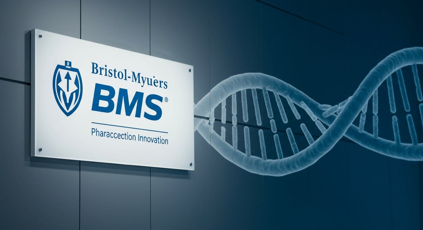 Bristol-Myers Squibb logo with a DNA helix background, representing pharmaceutical innovation.