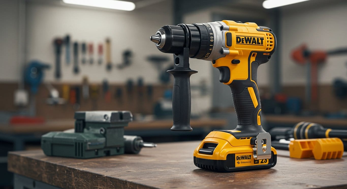 A DEWALT power drill sitting on a workbench in a workshop.