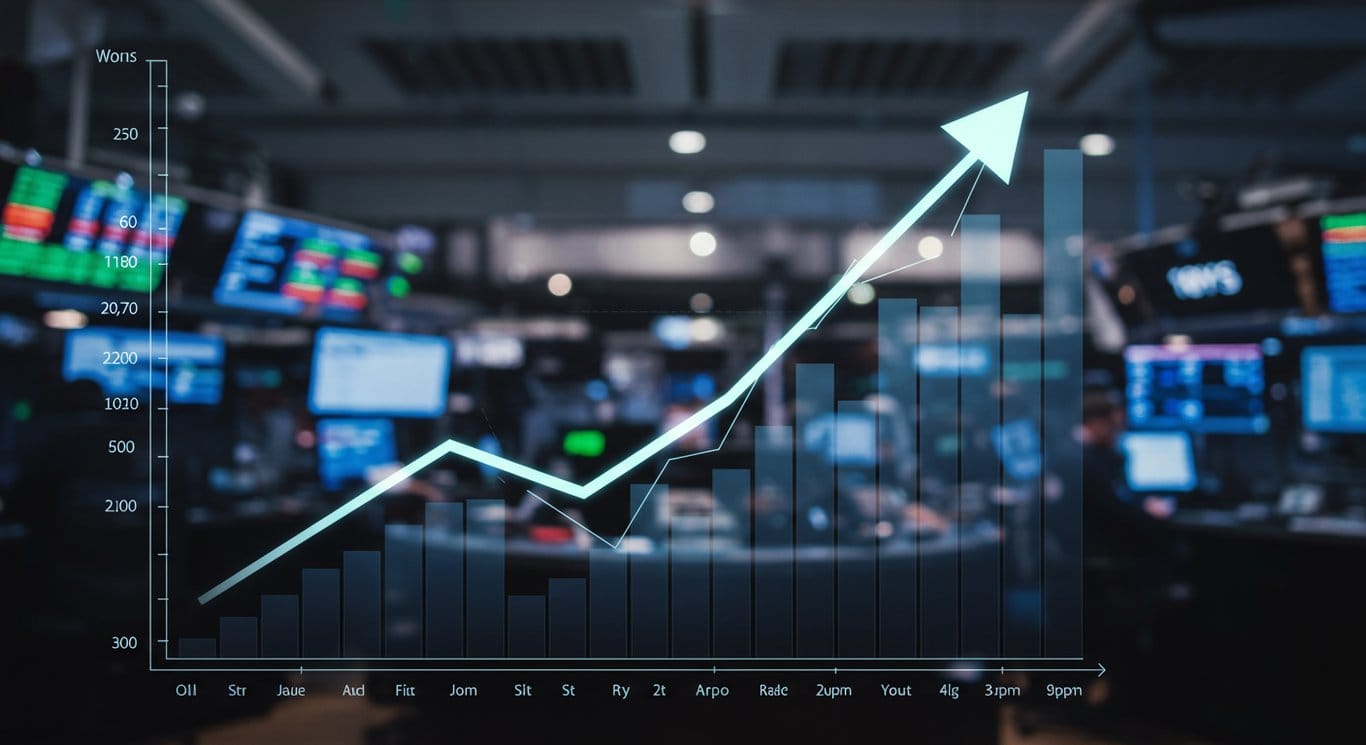 Stylized graph depicting financial growth against a blurred stock market background.