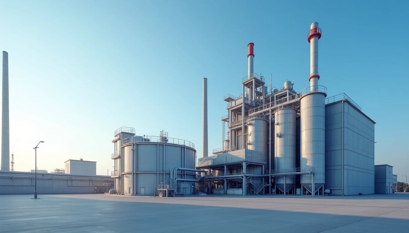 Exterior of an industrial facility with pipes and tanks against a blue sky.