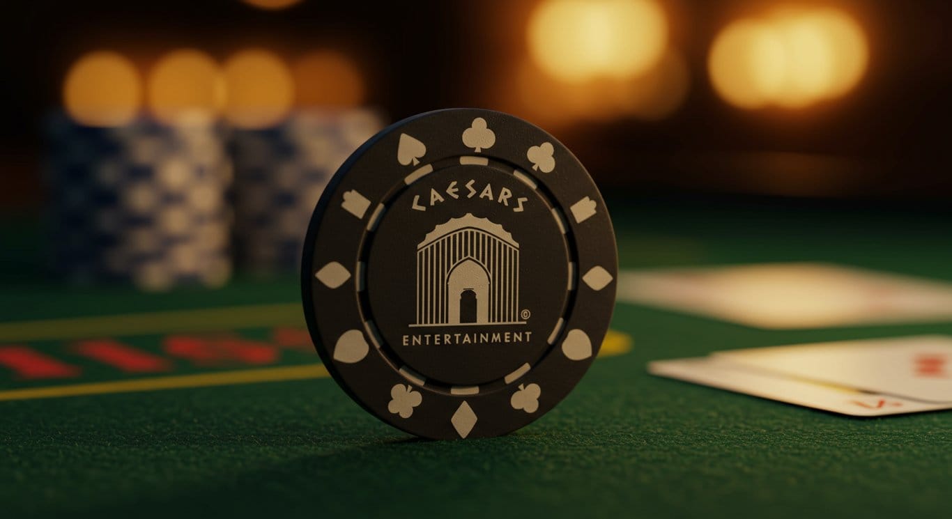 Caesars Entertainment themed poker chip on a casino table.