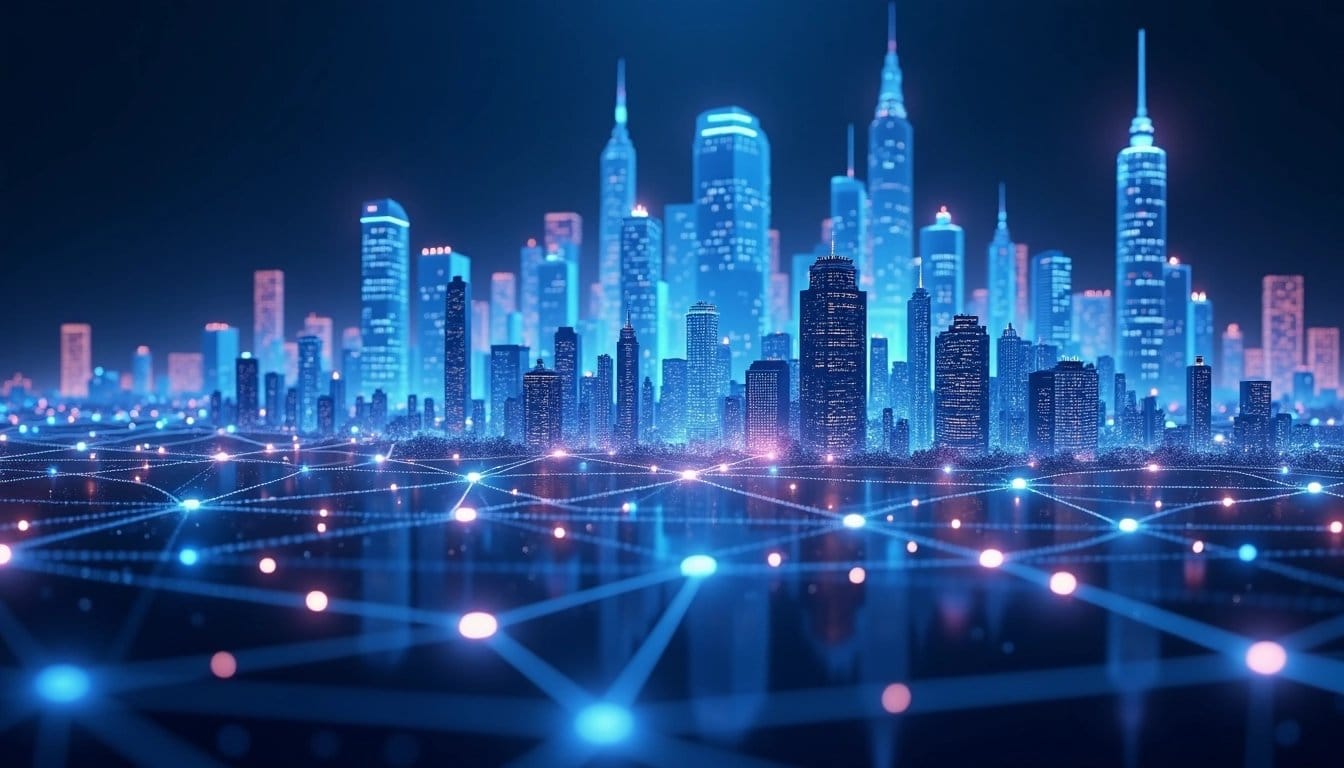 Futuristic AI network cityscape.