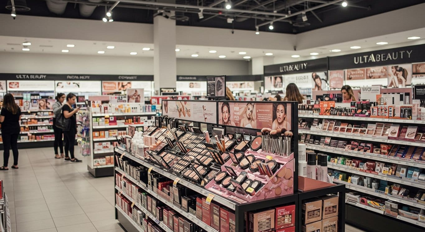 Aisles inside an Ulta Beauty store, featuring a variety of beauty products.