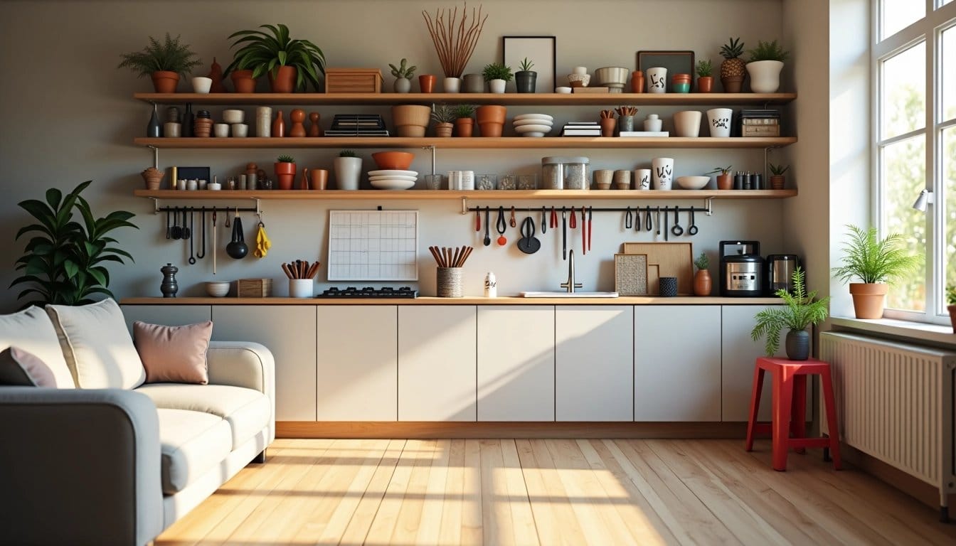 Organized shelves with tools and home improvement items in a well-lit home interior.