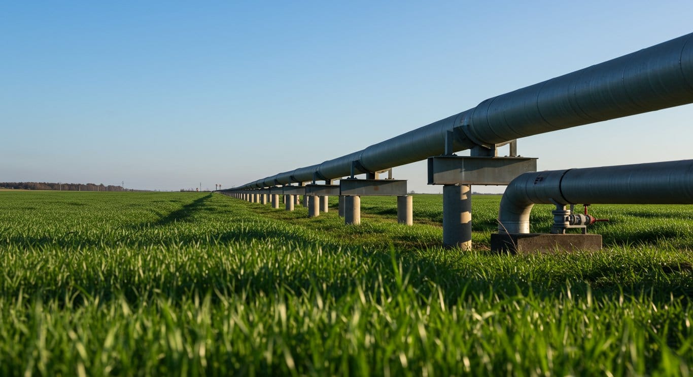 Natural gas pipeline running through a green field under a clear blue sky.