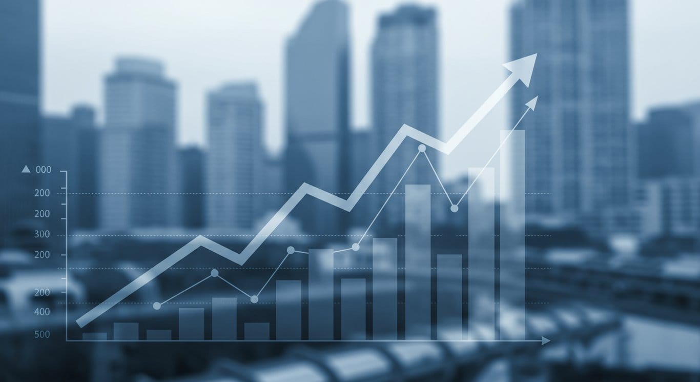 Uptrending graph overlaying a city financial district, representing market growth.