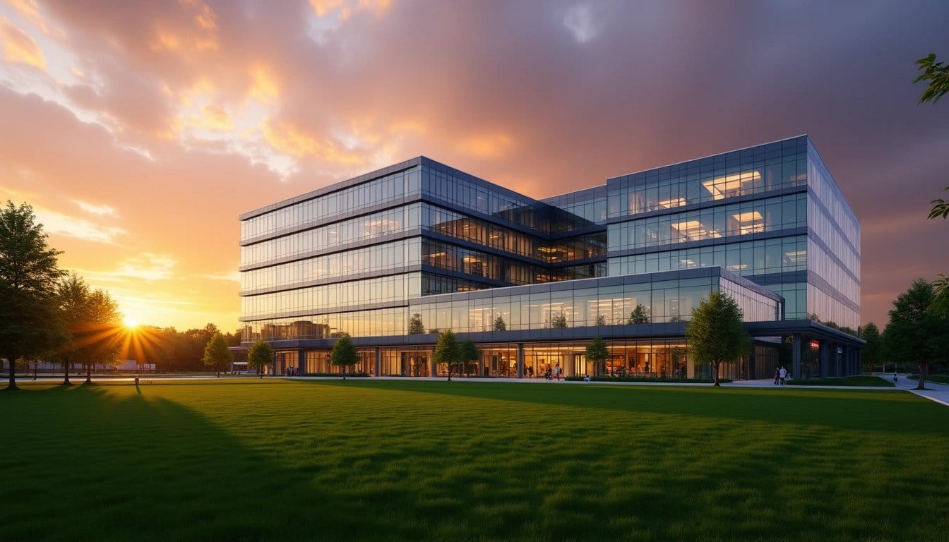 Exterior of a modern medical research facility at sunset.