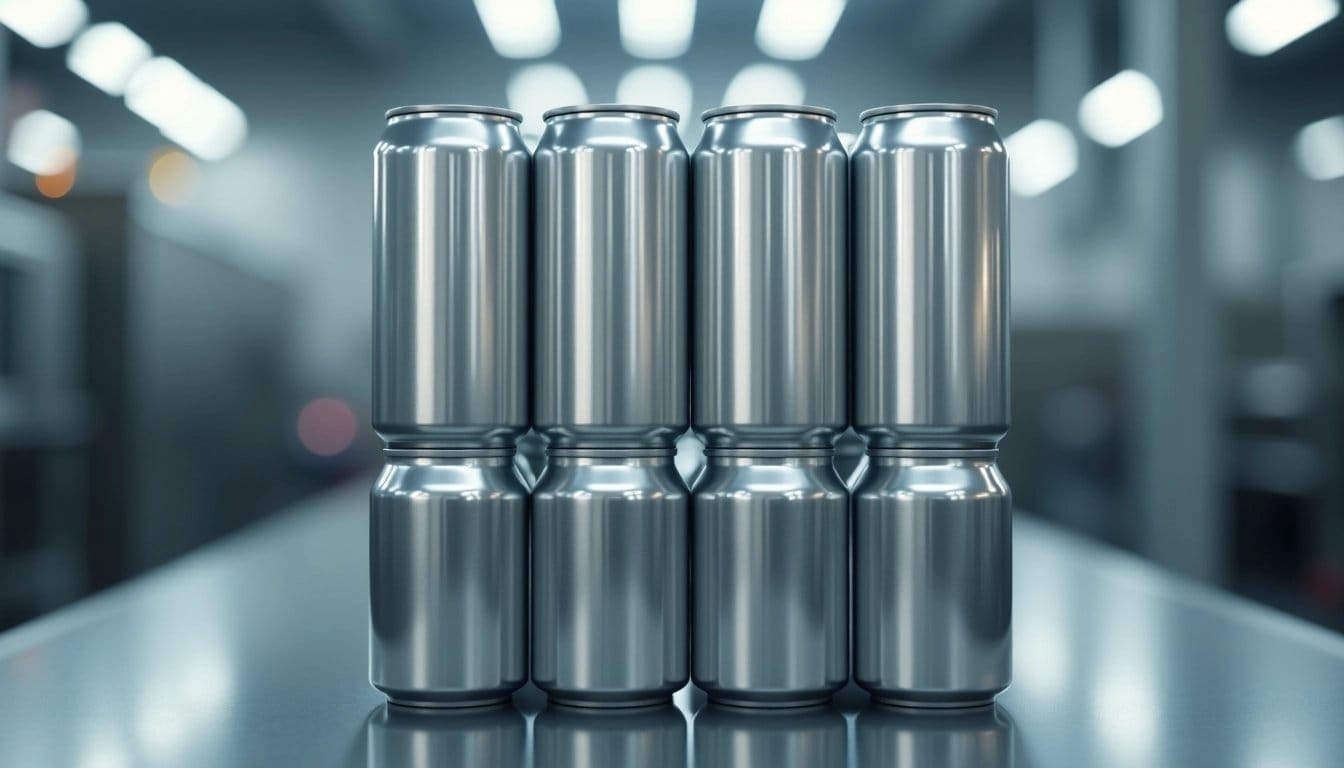 Stack of aluminum cans in a modern factory setting, symbolizing sustainable packaging.