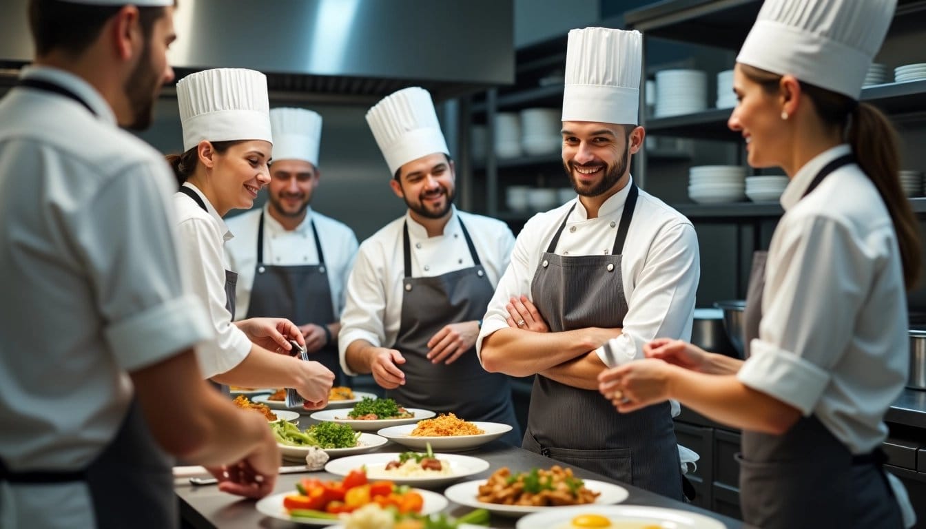 Restaurant kitchen with diverse staff preparing food.