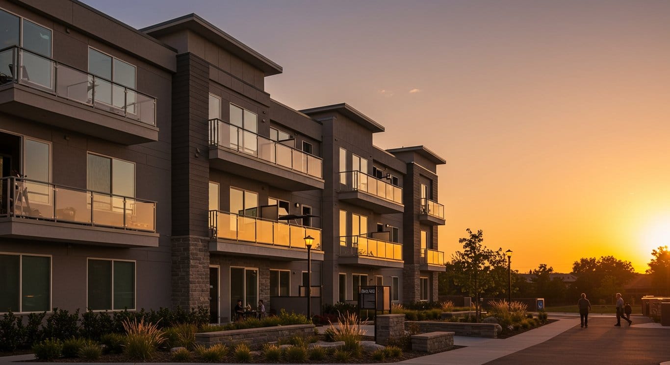 Exterior view of a modern apartment building at sunset.