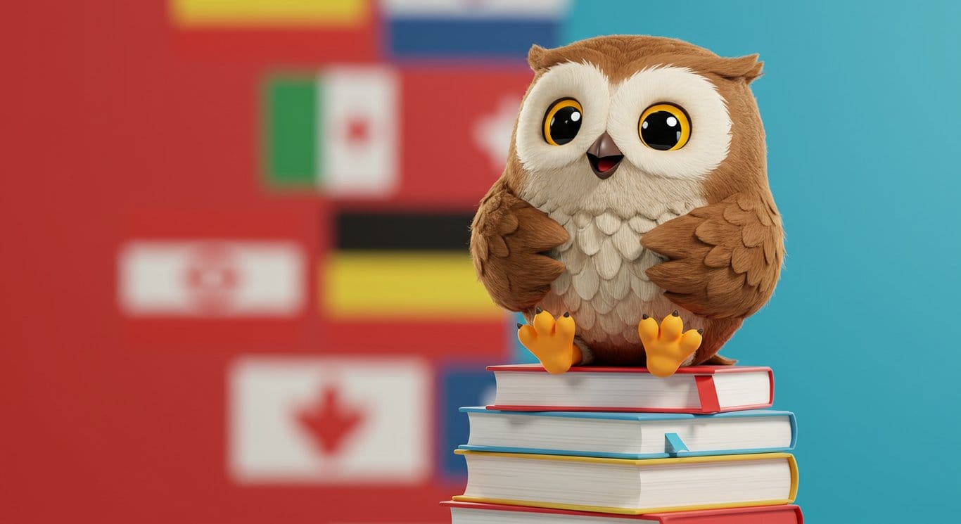 Duolingo owl mascot sitting on language books, representing language learning.