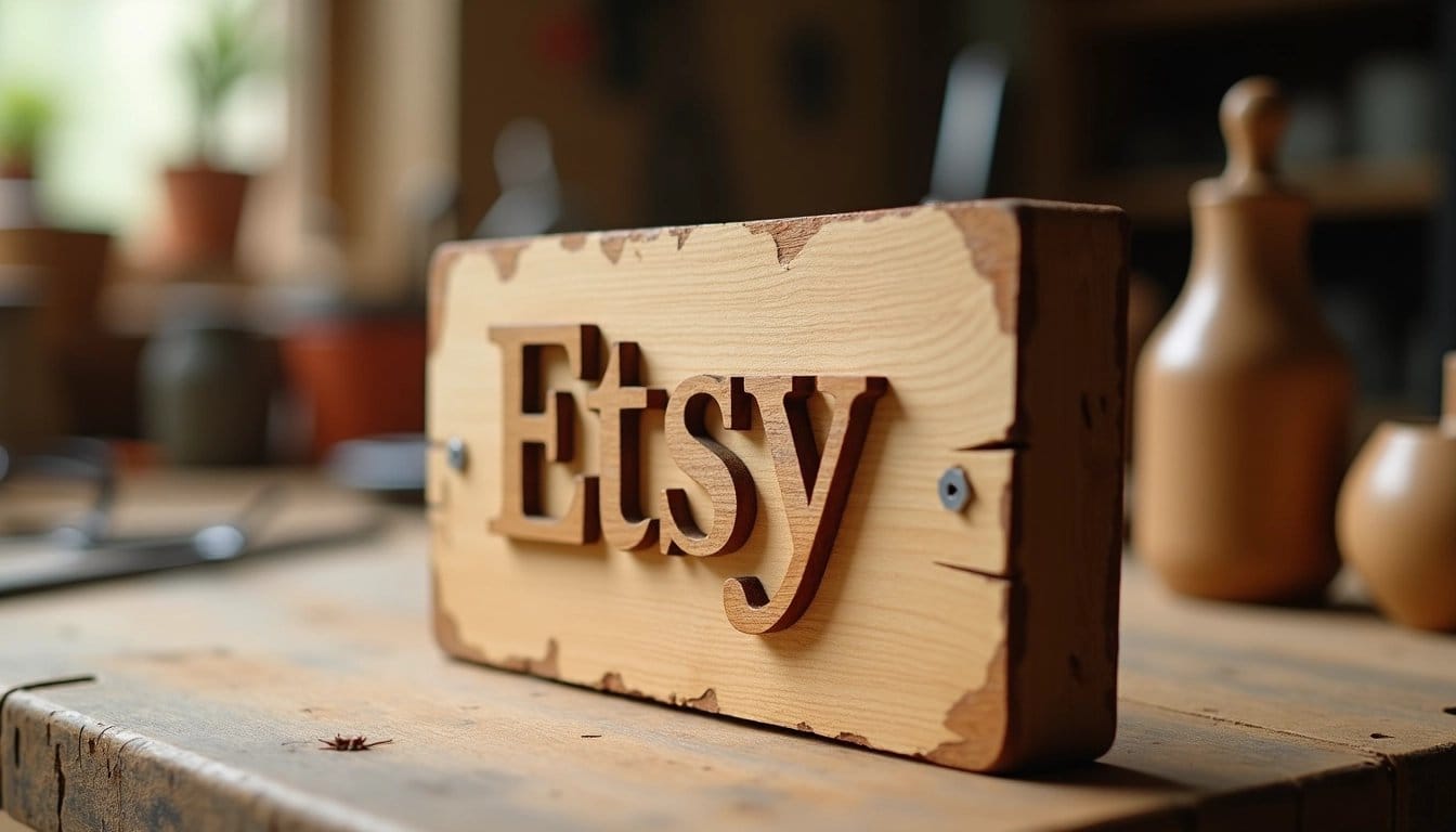 Handcrafted wooden sign with the word "Etsy" carved, symbolizing the company's focus on handmade and unique goods.