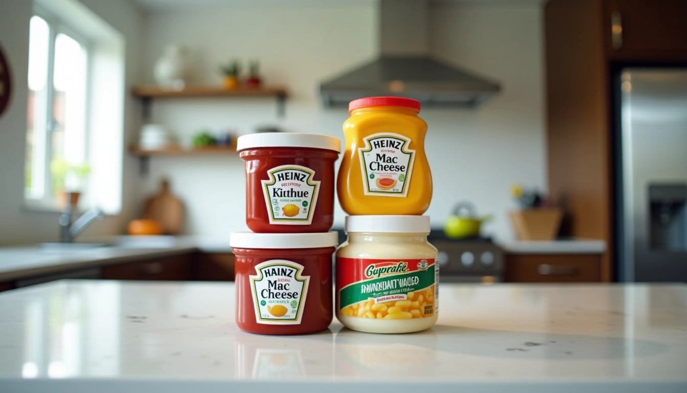 Kraft Heinz products on a kitchen countertop, representing the company's brands and products.